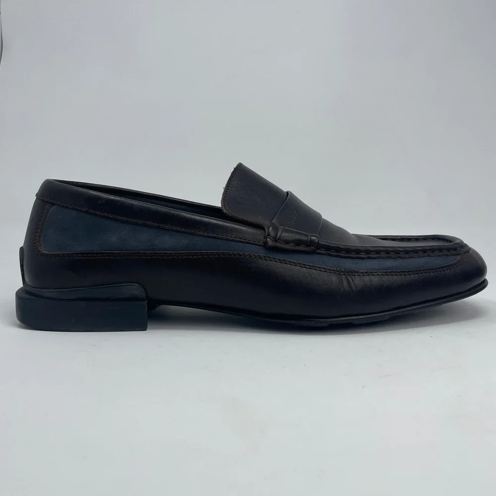 Bally Rumo Men 10.5 D Brown Leather Navy Suede Preppy Penny Loafers Italian Made